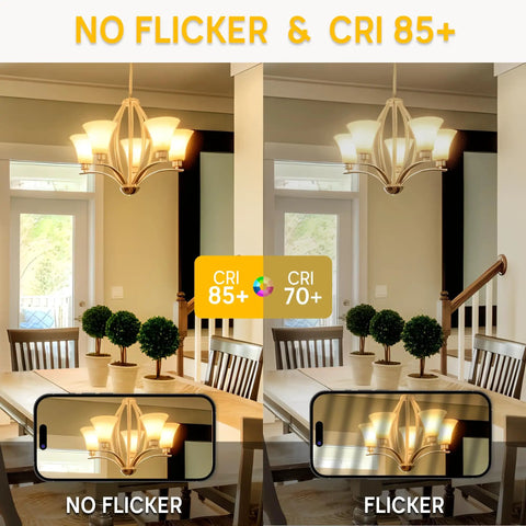 Comparison of light quality with dimmable E12 LED bulbs A15 globe shape in ceiling fan lights, showing no flicker and CRI 85+.