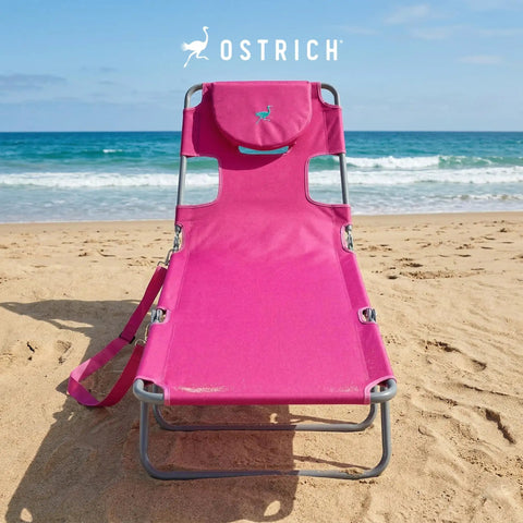 Chaise Lounge Portable Reclining Lounger for Outdoor Patio Beach and Pool in Pink with Open Face Cavity and Pillow