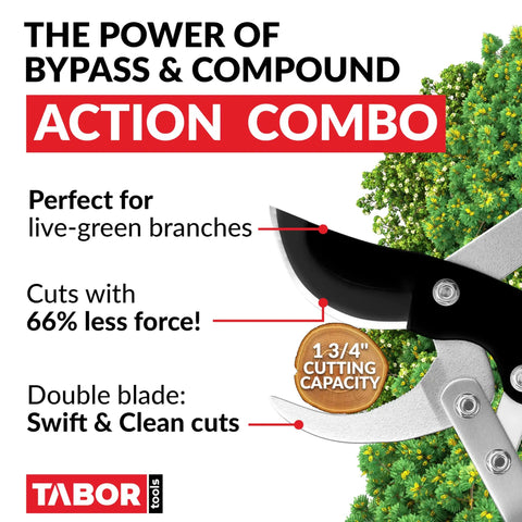 Bypass Lopper With Compound Action 30 Inch Tree Trimmer showing 1-3/4 inch cutting capacity and efficient blade design.