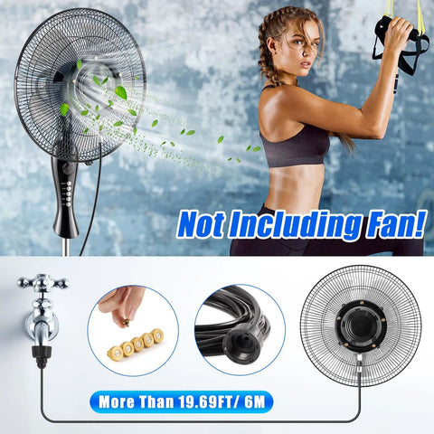 Turn Any Outdoor Fan Into A Chill Mist Mister Kit With 19.69 Ft Water Line 5 Brass Nozzles And Adjustable Valve For Serious Patio Cooling Easy Install Fan Not Included image showing mist from fan, kit components, and exercise setup