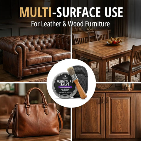 Absolute Game Changer Three In One Furniture Salve For Leather And Wood Polish Conditioner Restorer shown on leather couch, wood furniture.