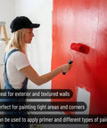 Woman painting a red wall with a roller using Premium 4 Inch Paint Roller Cover Set 10 Pack Lint Free Durable Foam Core.