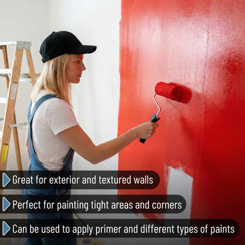 Woman painting a red wall with a roller using Premium 4 Inch Paint Roller Cover Set 10 Pack Lint Free Durable Foam Core.