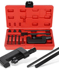 Front view of ABN 13-piece chain breaker tool kit in red storage case with C-frame breaker and accessories