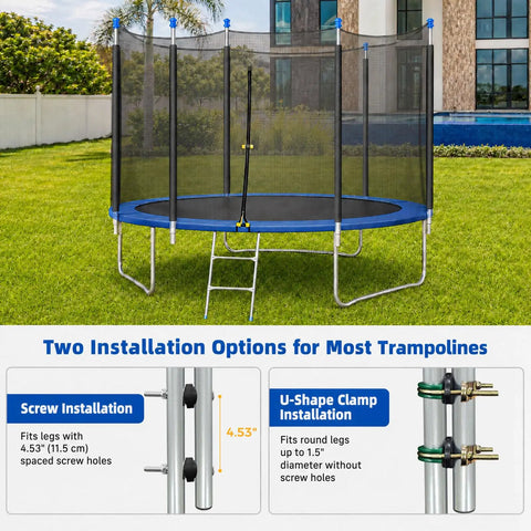 Complete Six Piece Trampoline Replacement Enclosure Poles With Thick Foam Sleeves And Secure Caps For Straight Frame Nets To Upgrade Your Backyard Rig With Absolutely Zero Hassle, showing installation options.