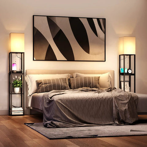 Modern Dimmable Solid Wood Floor Lamp With Shelf And Drawer Two USB Ports And Two Power Outlets Super Handy Corner Tall Bookshelf Lamp For Living Room And Bedroom Black Finish on each side of a bed
