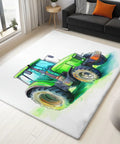 Farm Tractor Themed Area Rug 3 Ft By 5 Ft White Machine Washable Carpet with green tractor in living room setting.