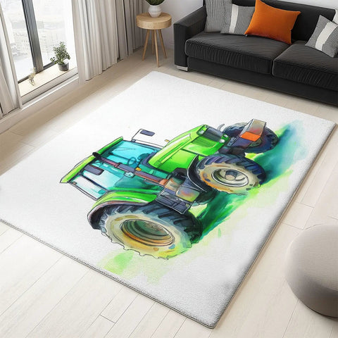 Farm Tractor Themed Area Rug 3 Ft By 5 Ft White Machine Washable Carpet with green tractor in living room setting.