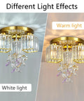Gold Crystal 3 Light Semi Flush Mount Ceiling Light showing white and warm light effects for modern industrial glam rooms.
