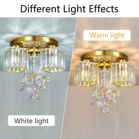 Gold Crystal 3 Light Semi Flush Mount Ceiling Light showing white and warm light effects for modern industrial glam rooms.