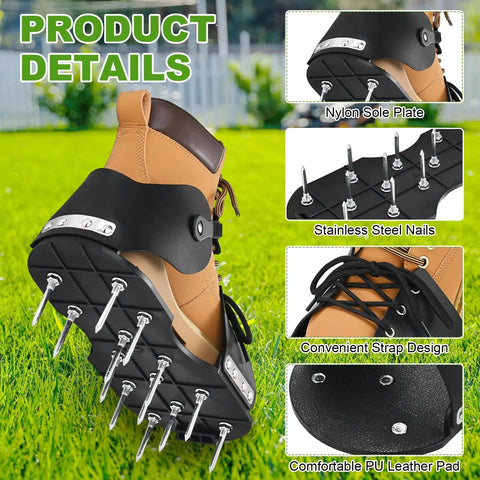Close-up of Lawn Aerator Shoes With 26 Nail Spikes 5cm And Adjustable Straps For Patios Gardens And Yards, nylon sole, steel nails visible