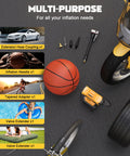 20V Cordless Tire Inflator And Air Compressor With 160 PSI, Portable Electric Pump next to basketball, bike, and motorcycle tire