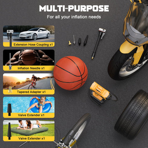 20V Cordless Tire Inflator And Air Compressor With 160 PSI, Portable Electric Pump next to basketball, bike, and motorcycle tire