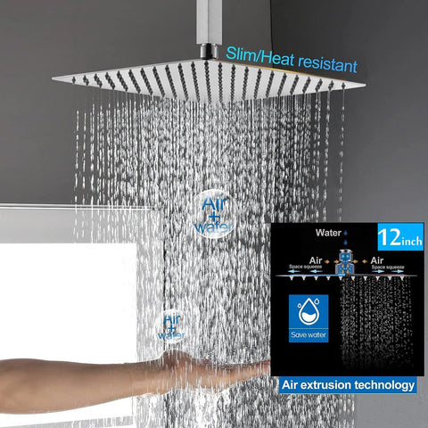 All Metal Rain Shower Head And Handheld Spray Combo With High Pressure Square Head 13 Inch Extension Arm 78 Inch Hose Dual Chrome Shower Heads Waterfall Flow Rustproof Brass And Stainless Steel Build showing water flow