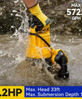 Gloved hand holding Beast Mode Submersible Sump Pump For Quick Water Removal In Hot Tubs Pools Basements And Garden Ponds 1.2 HP