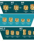 Beefy Brass Heat Set Threaded Inserts Kit For Plastic And 3D Printing, Fifteen Size Assortment From M2 To M6, detailed view