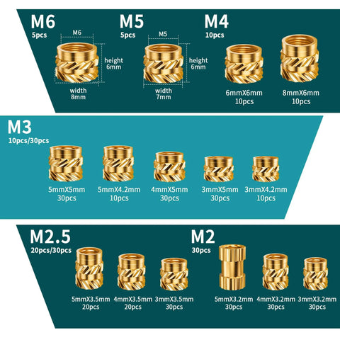 Beefy Brass Heat Set Threaded Inserts Kit For Plastic And 3D Printing, Fifteen Size Assortment From M2 To M6, detailed view