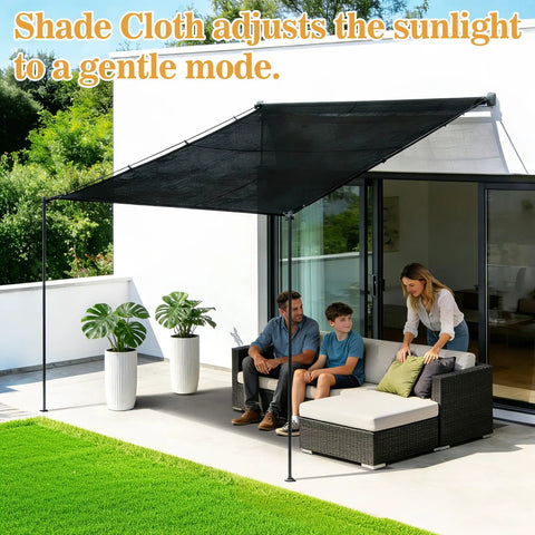 Beefy 70 Percent Shade Cloth For Garden Black Mesh Tarp 6.5 By 10 Feet installed over patio seating area with plants