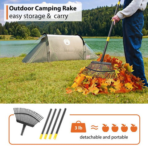 Heavy Duty Leaf Rake For Lawns With Back Saving Long Handle 65 Inch Gardening Rake With 18.5 Inch Wide Head And 25 Tines For Quick Yard Cleanup Anti Rust Steel Construction in use by a lake.