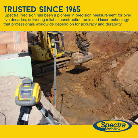 Straight Up Heavy Duty Laser Level Receiver With Dual Sided Led Display For Red Green Or Infrared Rotating Lasers on construction site.