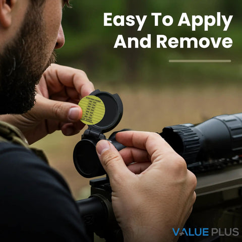 Person applying Seven Scope Dope Stickers for Long Range Shooting Fit Most Rifle Scope Caps Easy Dial In With Your Dope Card
