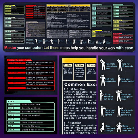 Shortcut Desk Pad With 9 Quick Formula Guides For Spreadsheets Large 11 Inches By 31 Inches Mouse Pad showing Excel shortcuts and exercises