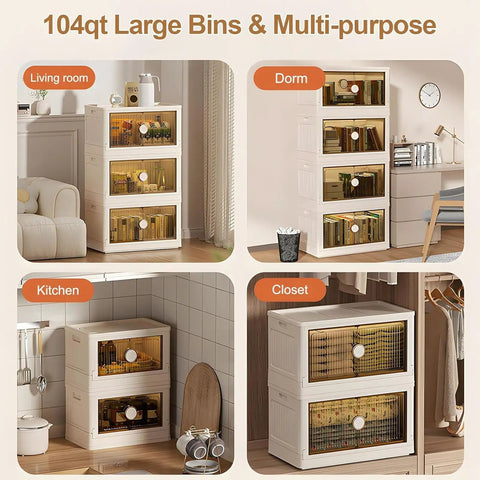Rolling Collapsible Storage Bins with Lids and Wheels, 3 Pack Stackable Plastic Folding Boxes in living room and dorm settings.