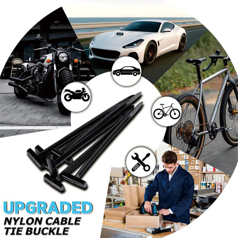 200 Piece Heavy Duty Nylon Dual Lock Cable Tie Buckles With Rugged Storage Case near motorcycle, car, bicycle, and workshop tools.