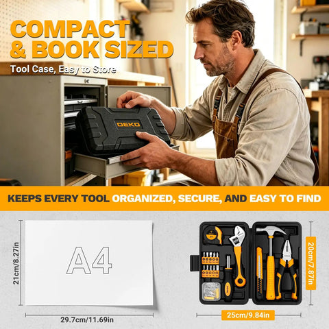 86 Piece Compact Tool Kit With Heavy Duty Storage Box For Home Apartment Dorm Repairs Essential Hand Tools For Weekend Warriors Quick Household Hiccups And Grab And Go Maintenance Setup In Bright Orange