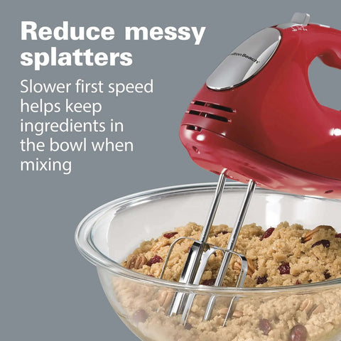 Badass Electric Hand Mixer With Six Speed Settings And Quick Burst Boost featuring red body and mixing bowl with cookie dough.
