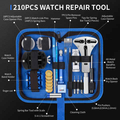 Pro Grade All In One 210 Piece Watch Repair Kit With Battery Change Kit Case Opener Link Remover Spring Bar Tools