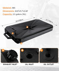 Universal Motorcycle Low Profile Oil Drain Pan with 10 Quart Capacity, ABS material, shown with exhaust inlet and oil outlets.