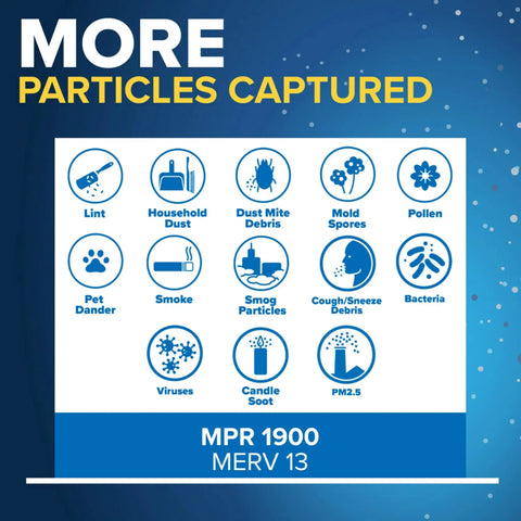 Infographic showing the types of particles captured by 20x20x1 Pleated Furnace Air Filter with MERV 13 and MPR 1900.