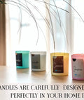Premium Soy Candle Making Kit Full Set with soy wax, four scented candles in jars on a wooden table with vase decoration.