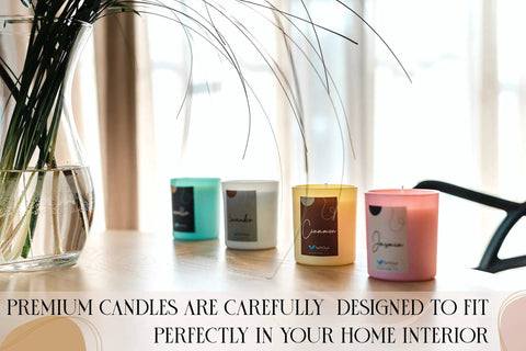 Premium Soy Candle Making Kit Full Set with soy wax, four scented candles in jars on a wooden table with vase decoration.