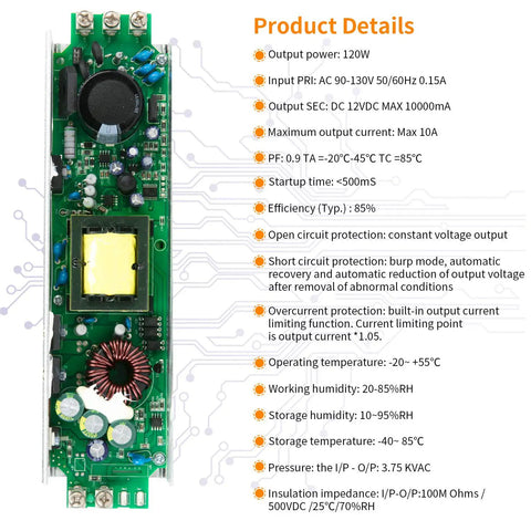 Dimmable LED Driver 120W 12V DC Power Supply For Christmas Lights Quiet Operation Regulated Constant Voltage Transformer with specs