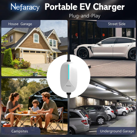 Portable Level 1 And Level 2 EV Charger With 20 Ft Cable, shown in house garage, street, campsite, underground garage settings.