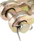 Close-up of No Sweat Rigging 4 Pack 3/8 Double Clevis, Zinc Plated G70 Chain Repair Links, heavy-duty twin safety clevis.