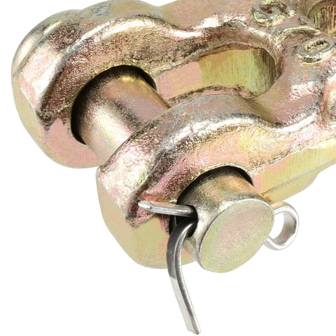 Close-up of No Sweat Rigging 4 Pack 3/8 Double Clevis, Zinc Plated G70 Chain Repair Links, heavy-duty twin safety clevis.