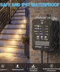 All In One Low Voltage Deck Lights Kit With Transformer Dimmable Timer And Photocell Sensor For Outdoor Recessed LED Deck Lighting IP67 Waterproof 2700K showing waterproof sensor box and lit deck stairs in rain