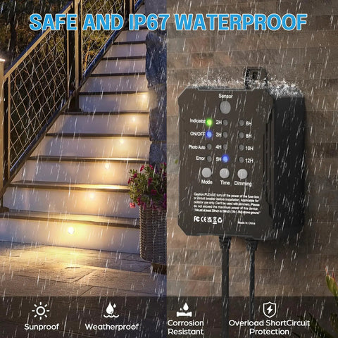 All In One Low Voltage Deck Lights Kit With Transformer Dimmable Timer And Photocell Sensor For Outdoor Recessed LED Deck Lighting IP67 Waterproof 2700K showing waterproof sensor box and lit deck stairs in rain