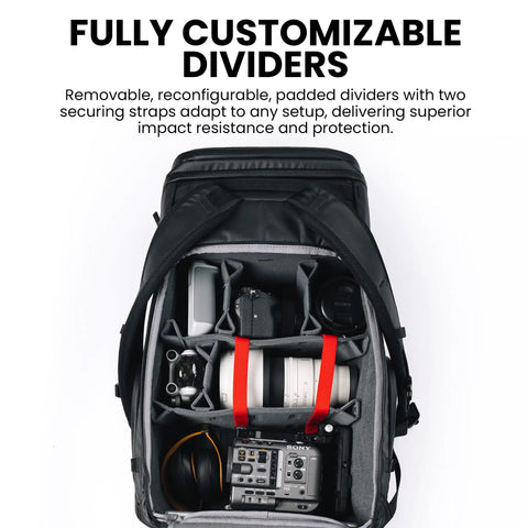 Open 35L Camera Backpack For Photographers With Rain Cover And Water Repellent Protection Carry On Approved showing customizable dividers