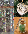 Three DIY crafts featuring colorful bead curtain, heart ornament with 'LOVE', and a mini glass jar with green beads.