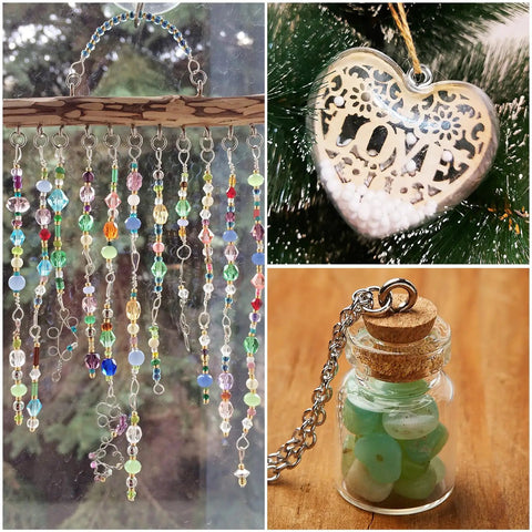 Three DIY crafts featuring colorful bead curtain, heart ornament with 'LOVE', and a mini glass jar with green beads.