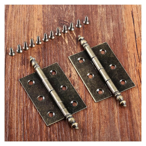 Rotating Concealed Door Hinge Set 2 Pack 55mm By 39mm Antique Bronze Cabinet Cupboard Drawer Hinges with screws on wood surface.
