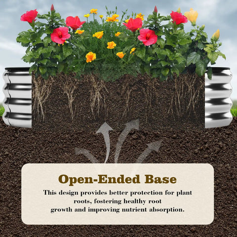 Cross-section of a galvanized metal raised garden bed kit 4x2x1 ft showing roots, soil layers, and flowers on top.