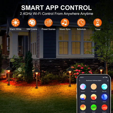 Lit 200LM Smart Outdoor Pathway Lights illuminate garden with app control, showing warm white and RGB colors in night setting.