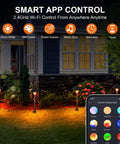 Low Voltage Smart Pathway Lights With App Control illuminating garden with app interface shown on phone, 12V RGB mushroom path lights