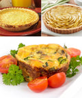 Heavy Duty 5 Inch Mini Pie Pans Pack Of 50 Disposable Aluminum Tart Tins with assorted pies and quiche shown