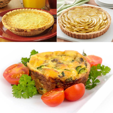 Heavy Duty 5 Inch Mini Pie Pans Pack Of 50 Disposable Aluminum Tart Tins with assorted pies and quiche shown